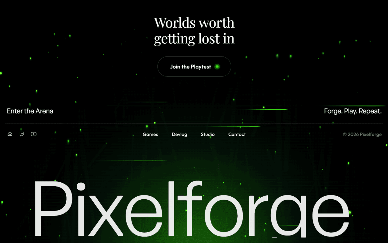 Screenshot of the Pixelforge indie game studio landing page